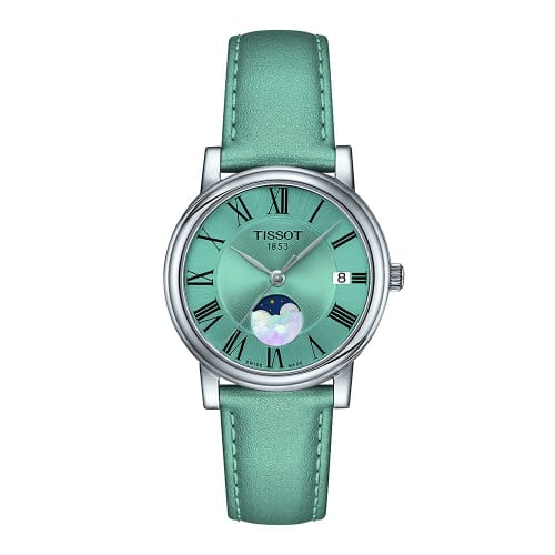 

Tissot Women s Carson Premium Lady Moon Phase Swiss Quartz Watch, Blue Leather, 16 (T1222231635300)
