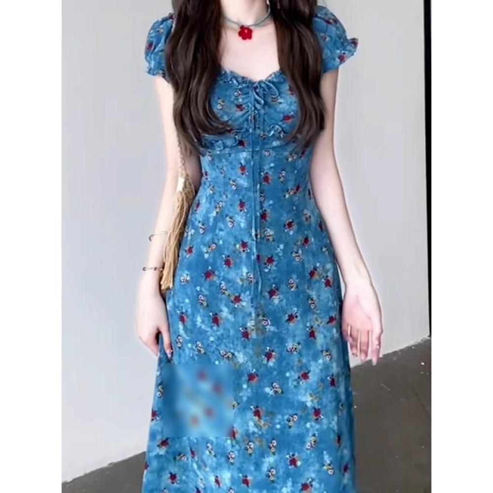 Chai Seventeen Summer Beautiful Small Skirt French Blue Floral Dress Women's Summer New Holiday Dress Foreign Style