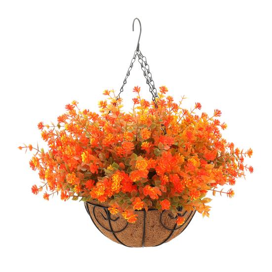 

Осенняя подвесная корзина с искусственными цветами, устойчивая к УФ-излучению, для улицы, сада, двора, патио, крыльца, балкона, с искусственными растениями и кокосовым вкладышем, корзина-плантер E
