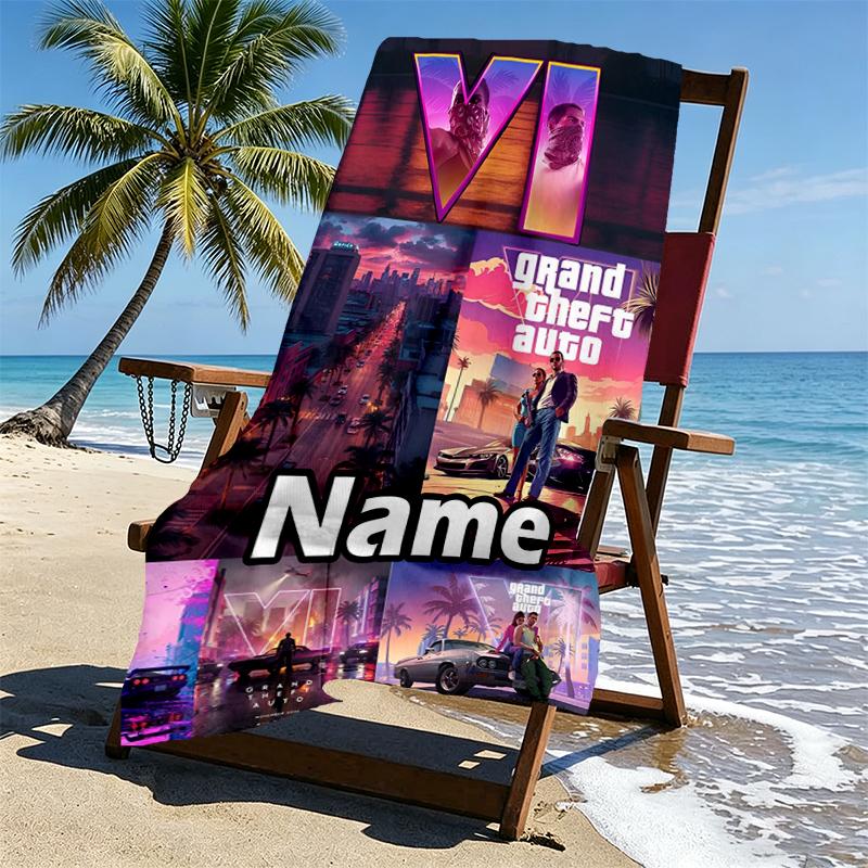 Custom Name Personalized Grand Theft Auto VI Print Beach Towel, for Trip Camping Beach Party Home Decor, Birthday Gift for Family & Friends