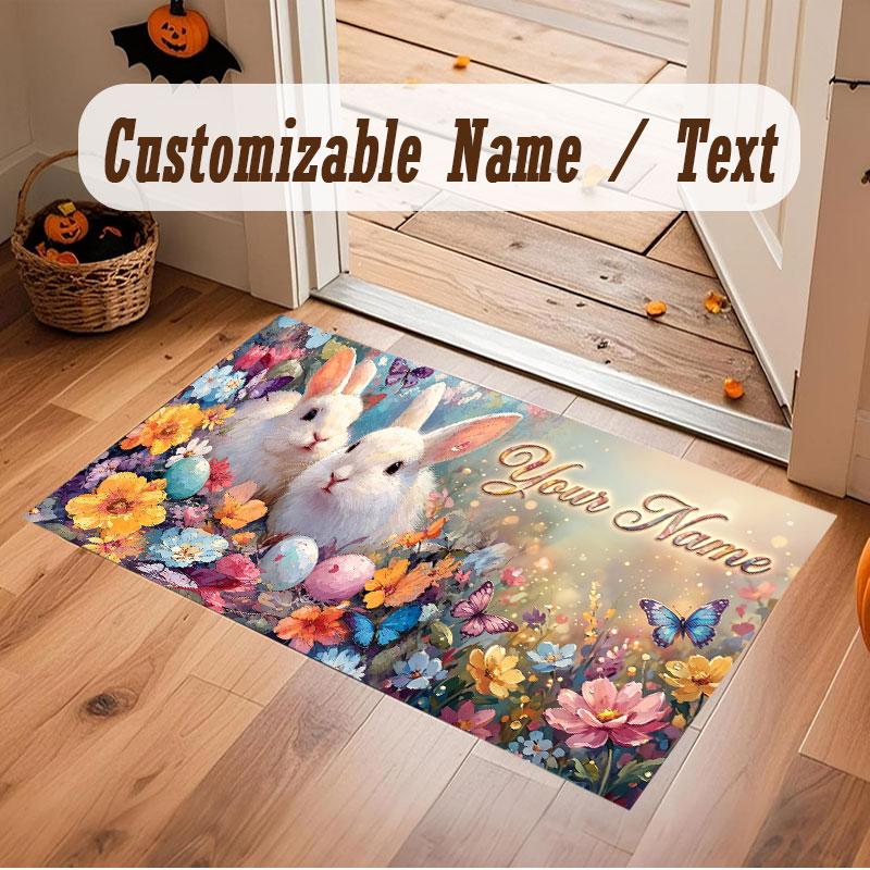 Floral Garden Theme Crystal Velvet Floor Rug Personalized Custom Name Text Warm Carpet Home Decoration