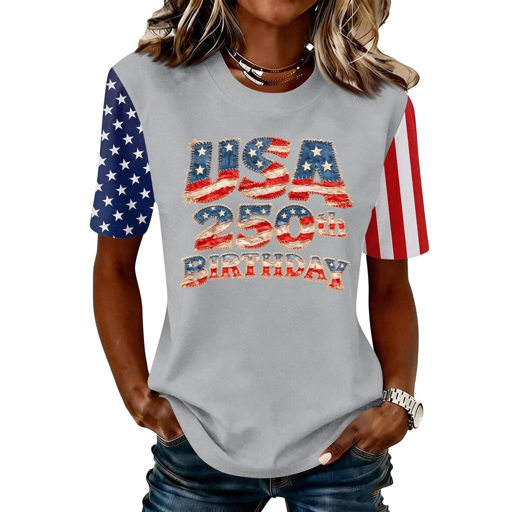 Blusa Feminina da Moda Casual de Manga Curta com Estampa e Gola Redonda