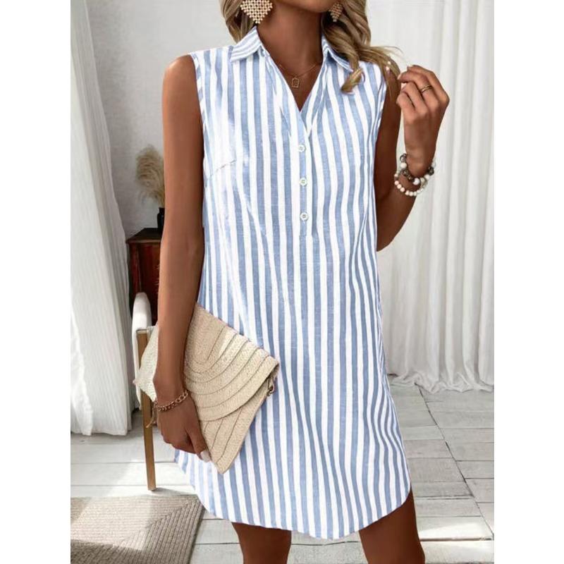 VEZFAA Moda Donna Estate Primavera Stampa a Righe Senza Maniche Collo Polo Vita Larga Abiti Casual