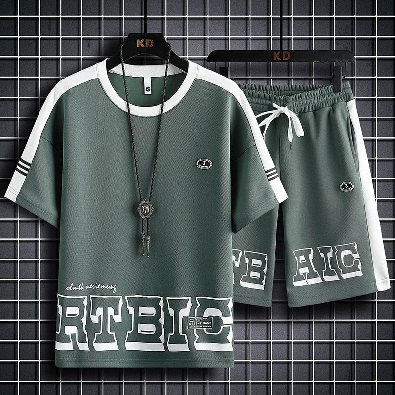 

Летние мужские комплекты с круглым вырезом, повседневный спортивный костюм, футболка, шорты, костюм, лоскутные шорты, комплекты, свободная спортивная одежда для бега, комплект из двух предметов 4XL