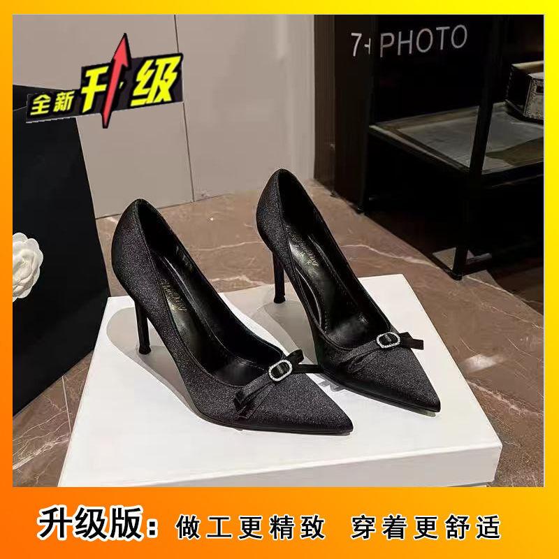 French premium sandals femininity thin heel bow black high heels 2024 new Internet celebrity niche single shoes