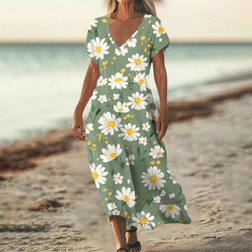 Fashion Women's Summer V-neck Short Sleeve Cotton And Linen Vintage Floral Print Beach Dress