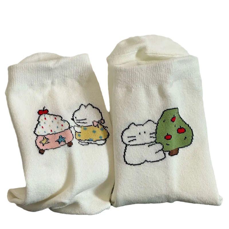 Women's Mid-Calf Cartoon Kitten Scrunch Socks: Cute College Style for Autumn & Spring