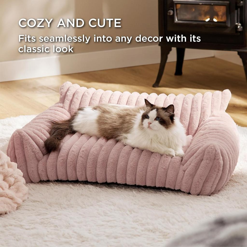 Self-Warming Plush Pet Couch Bed - Calming Orthopedic Sofa for Cats & Small Dogs, Removable Washable Cover with Non-Slip Bottom