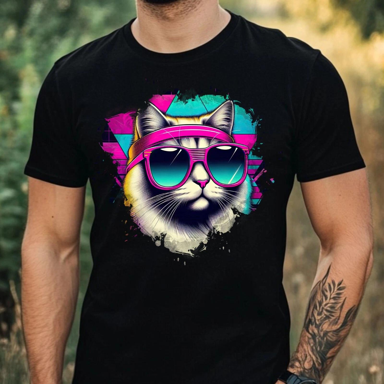 T-Shirt Herren Aquarell Coole Katze Motiv Baumwolle Größe XS bis 5XL M