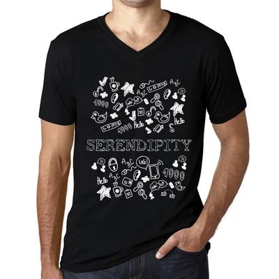 Herren Vintage T-Shirt Grafik T-Shirt V-Ausschnitt Doodle Art Serendipity Deep Black White Text