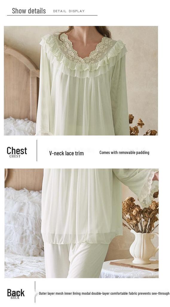 Retro Court Style Women's Nylon Mesh Home Wear Set (Long Sleeve Top and Pants)