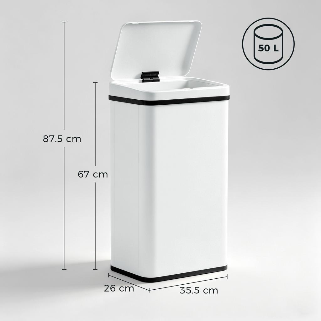 50L Sensor Bin with Soft-Close Lid, Stainless Steel Automatic Touchless Motion Sensor Kitchen Bin, White