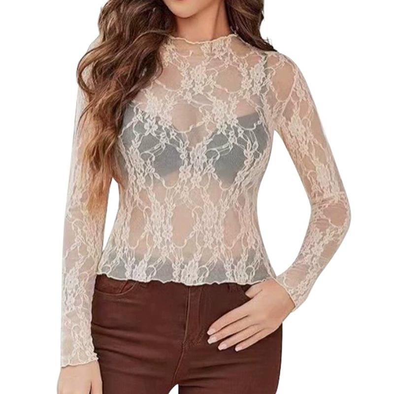 Women's Mesh Lace See-through Sexy Long Sleeve Top Sheer Shirt