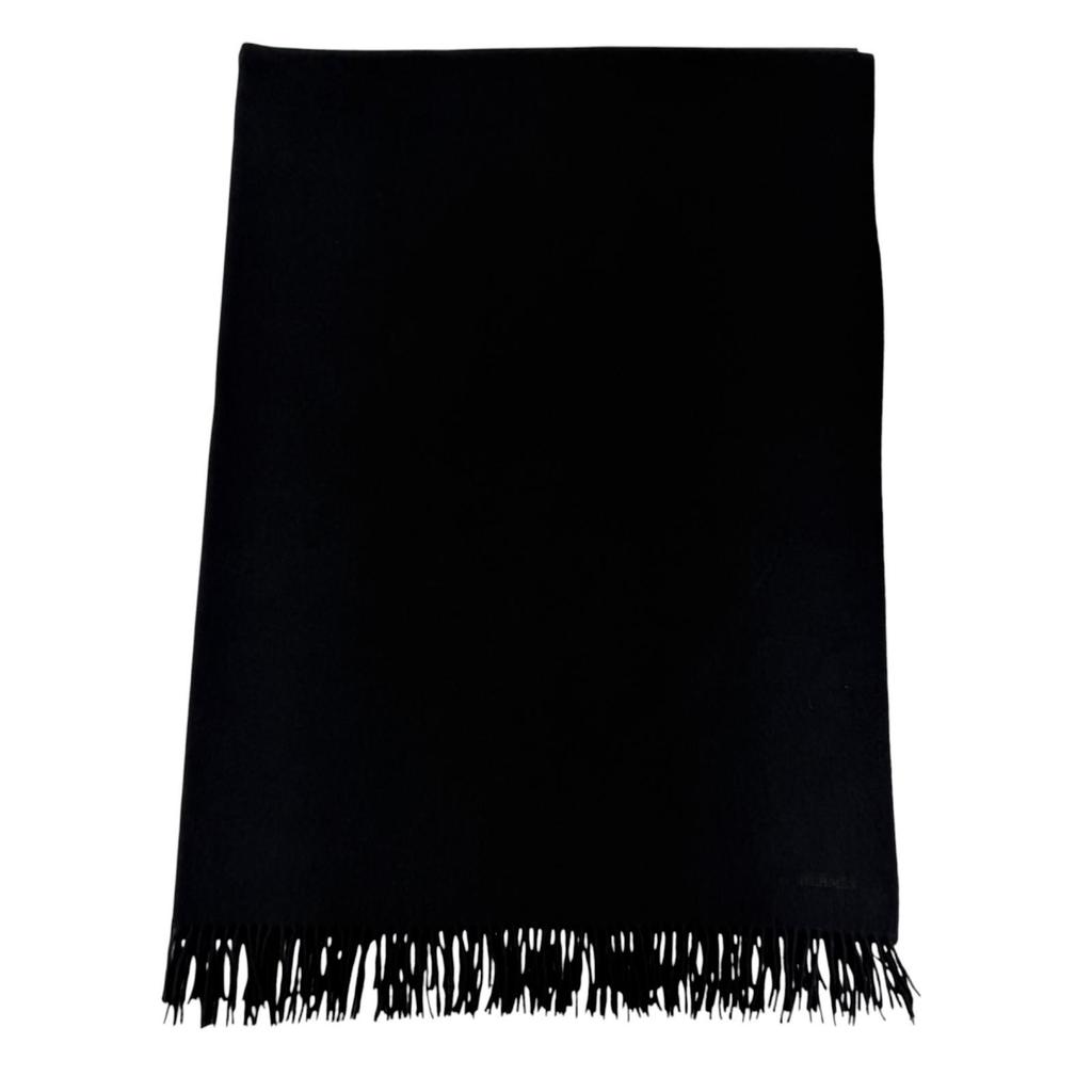 Very Good HERMES Logo embroidered, fringed, extra-large stole, black cashmer Used