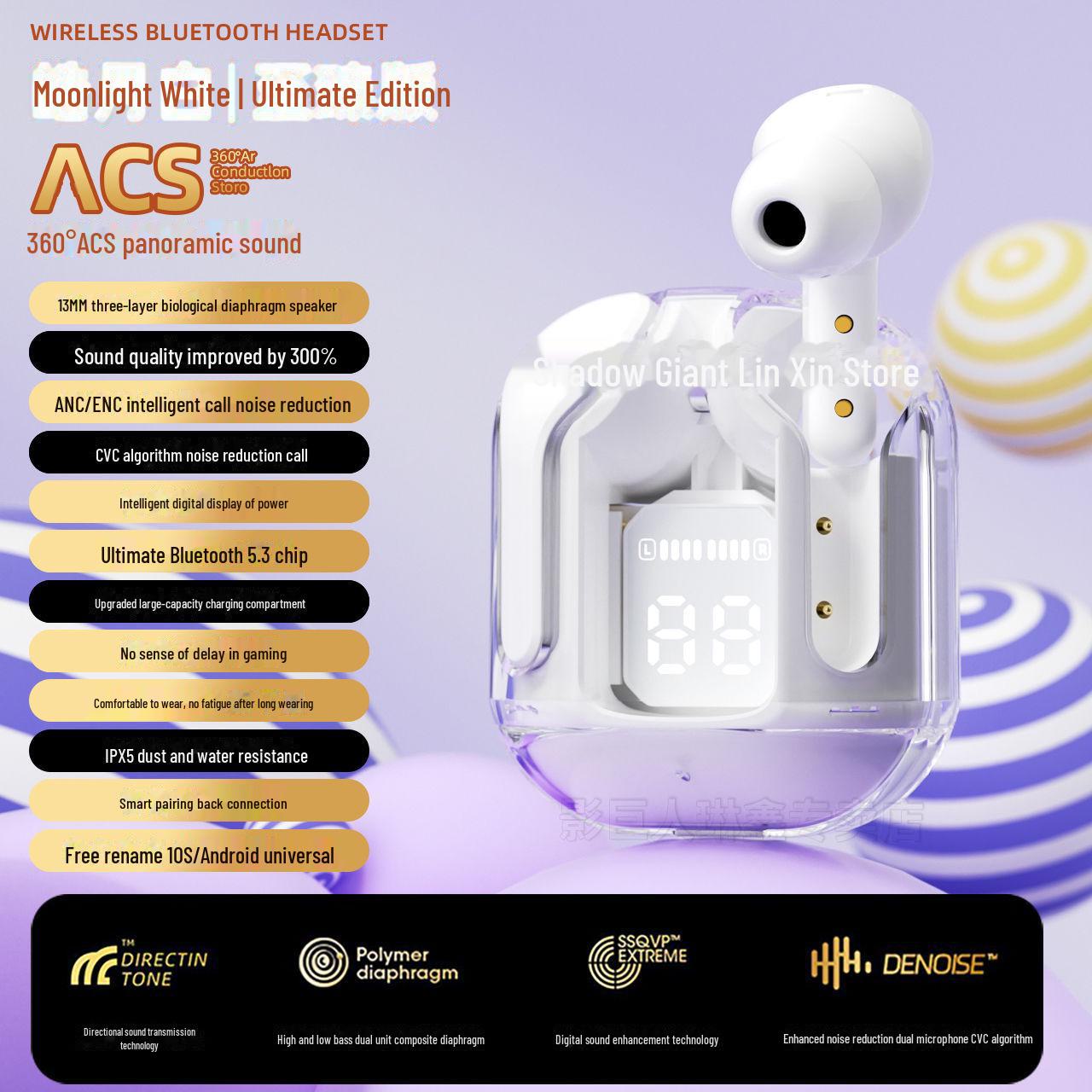 

Внутриканальная Bluetooth-гарнитура XT16: Новая спортивная модель с цифровым дисплеем, длительным сроком службы батареи, прозрачным дизайном, первое поколение. full set packaging жемчужина белый