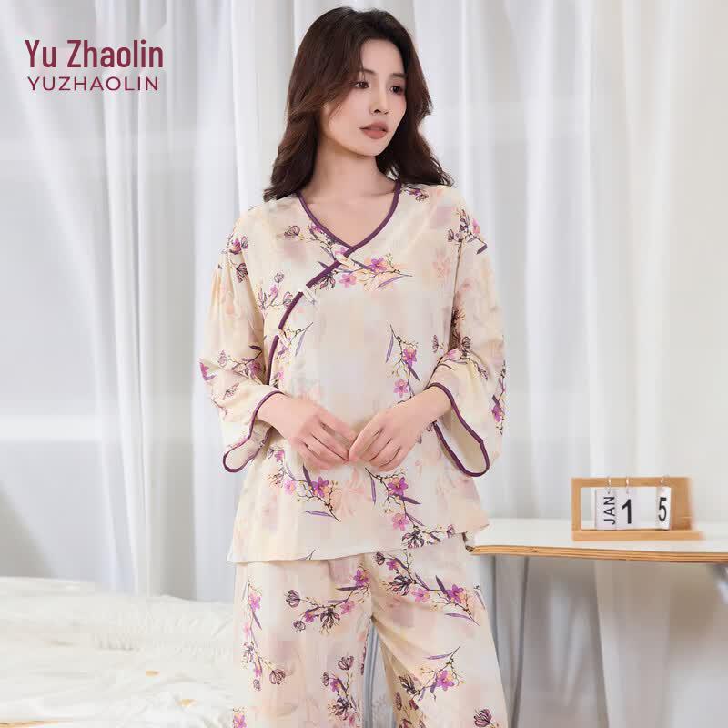 YUZHAOLIN Women s New Chinese Floral Homewear Set L