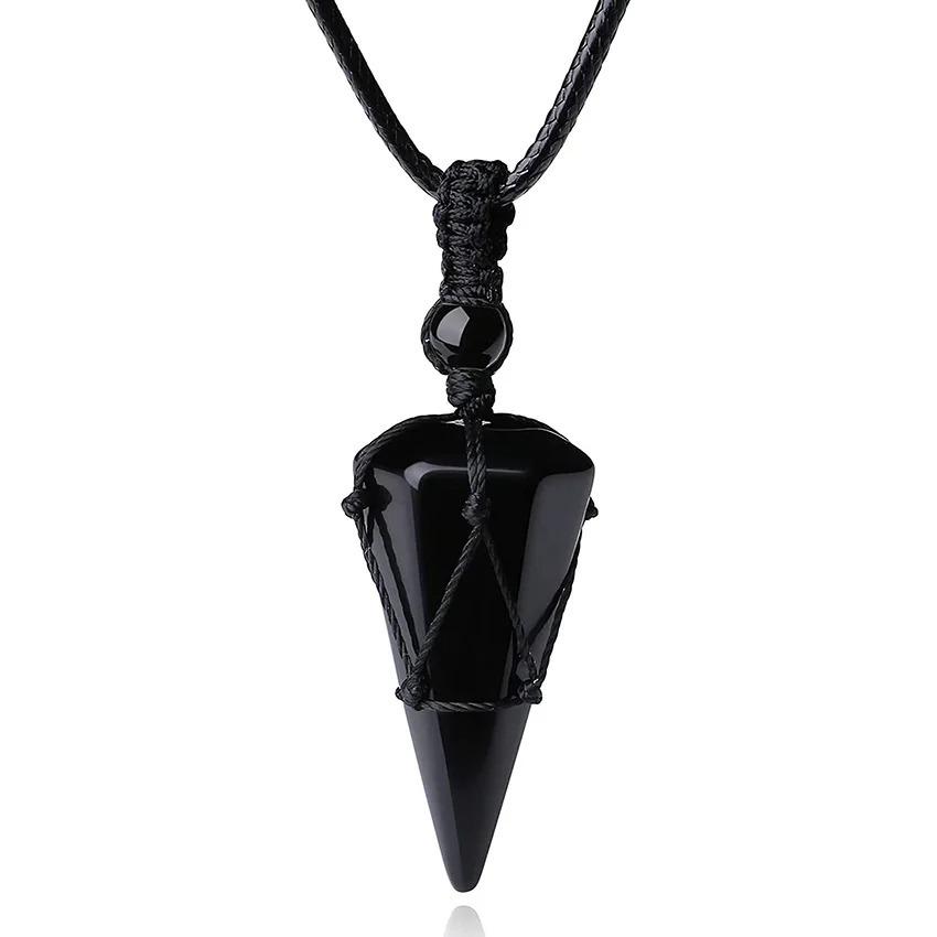 Collier pendentif pyramidale dorée en corde tressée améthyste œil de tigre printemps 2023 pour femmes