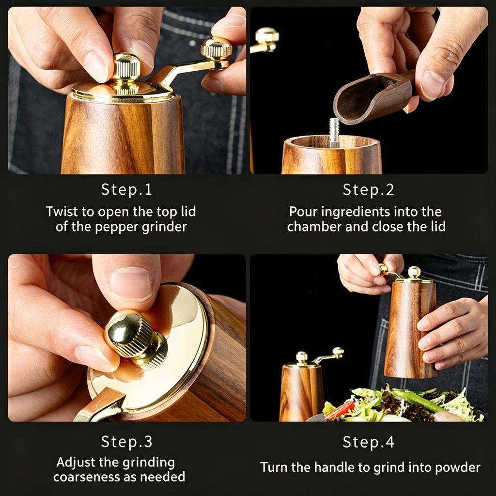 Acacia Wood Hand Crank Pepper Grinder, Manual Solid Wood Salt Spice Mill For Home Kitchen
