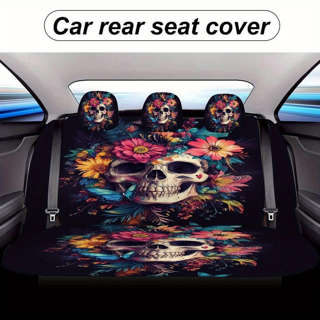 Floral Skull Composition Themed Car Seat Cover Set For Most Cars, Fashion Novelty Car Seat Protector Covers Full Set, Universal
