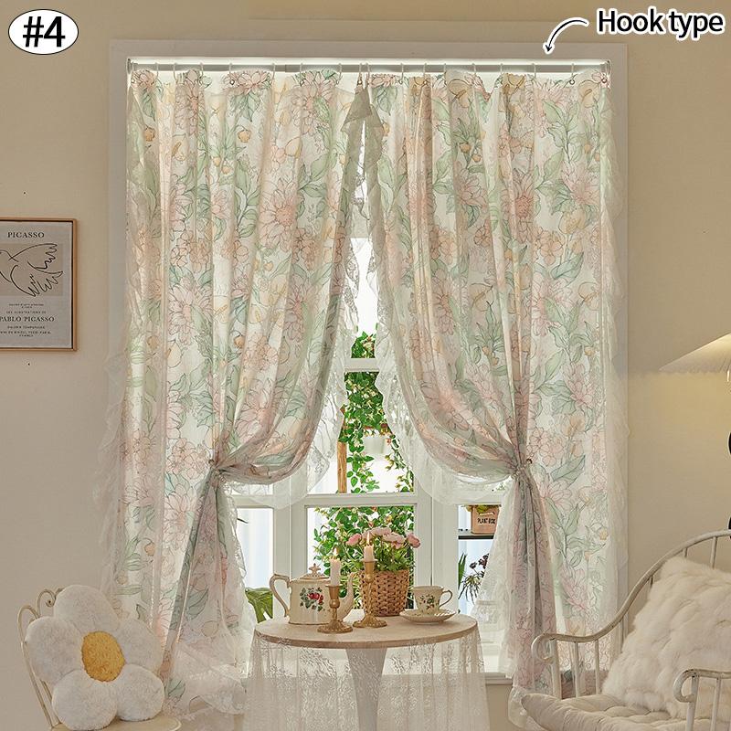 Vintage Lace Side Curtain Bedroom Floral Printed Window Curtains Living Room Lace Sheer Screen Partition Home Decoration