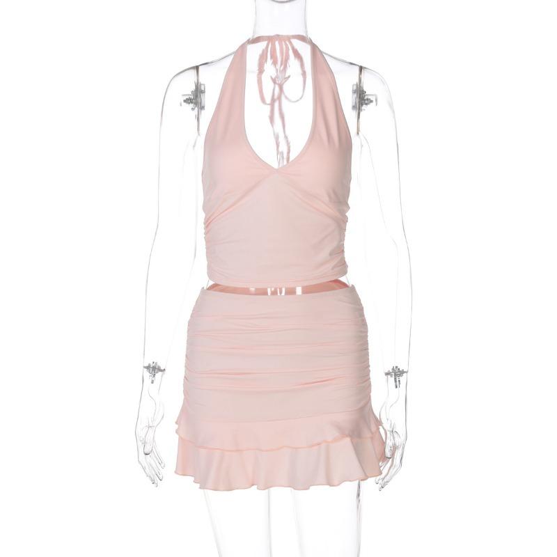 

Сексуальный жилет с V-образным вырезом и открытой шеей, обтягивающий, ультракороткий, однотонный, с деревянным краем, юбка, комплект из двух предметов S розовый