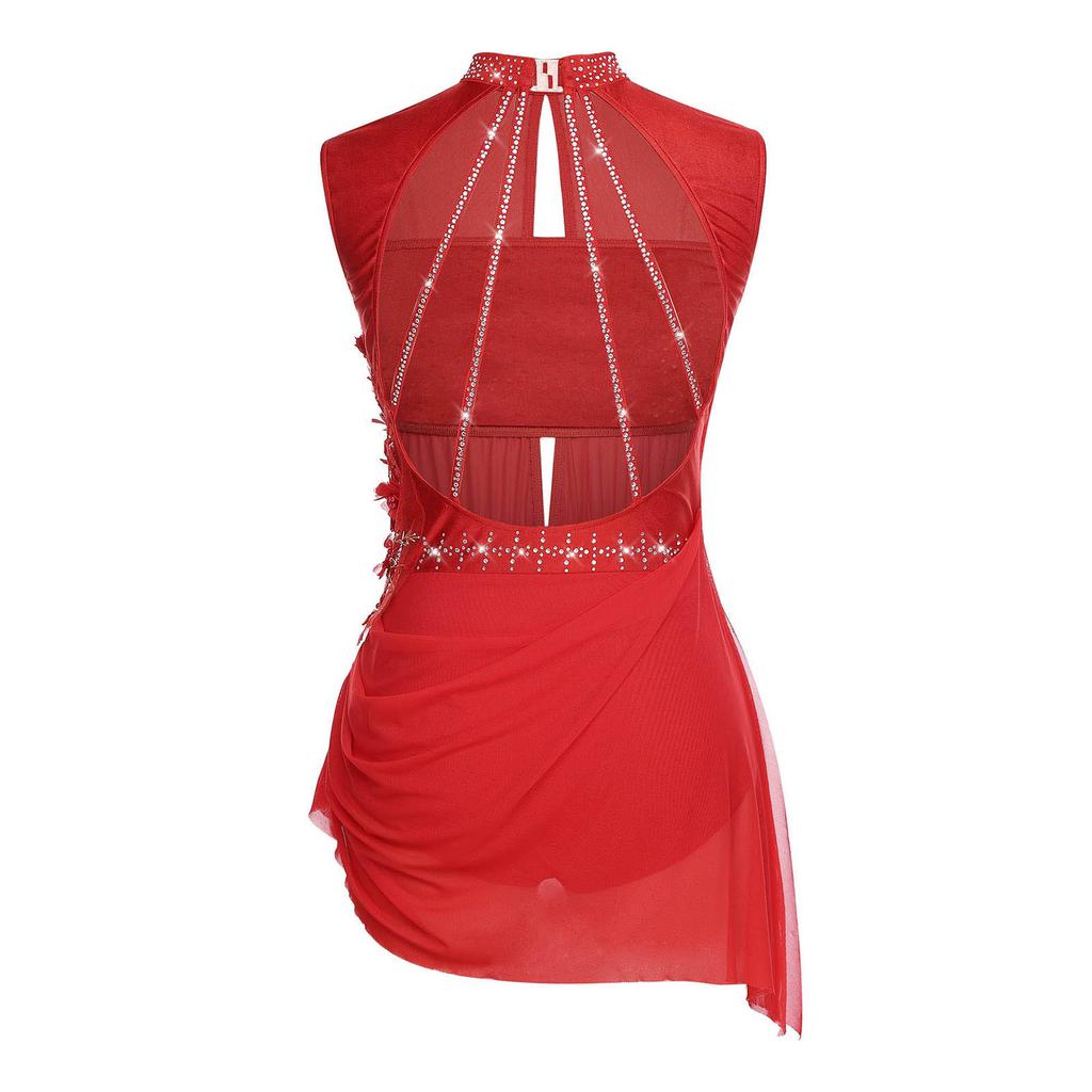 Women Figure Skating Ballet Dance Dresses Sleeveless Backless Sheer Mesh Overlay Shiny Rhinestones Asymmetrical Dress Dancewear