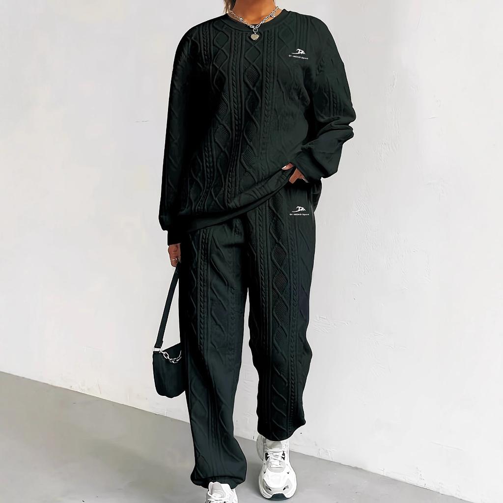Women's Round Neck Long Sleeve Loose Cable Knit Two Piece Casual Tracksuit Elastic Waist Jogger Pants Matching Outfit