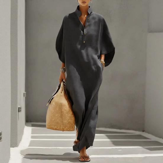 Summer Stand Collar Maxi Dress for Women Half Sleeve Button Up V Neck Long Dress Loose Flowy Beach Sundress with Pockets