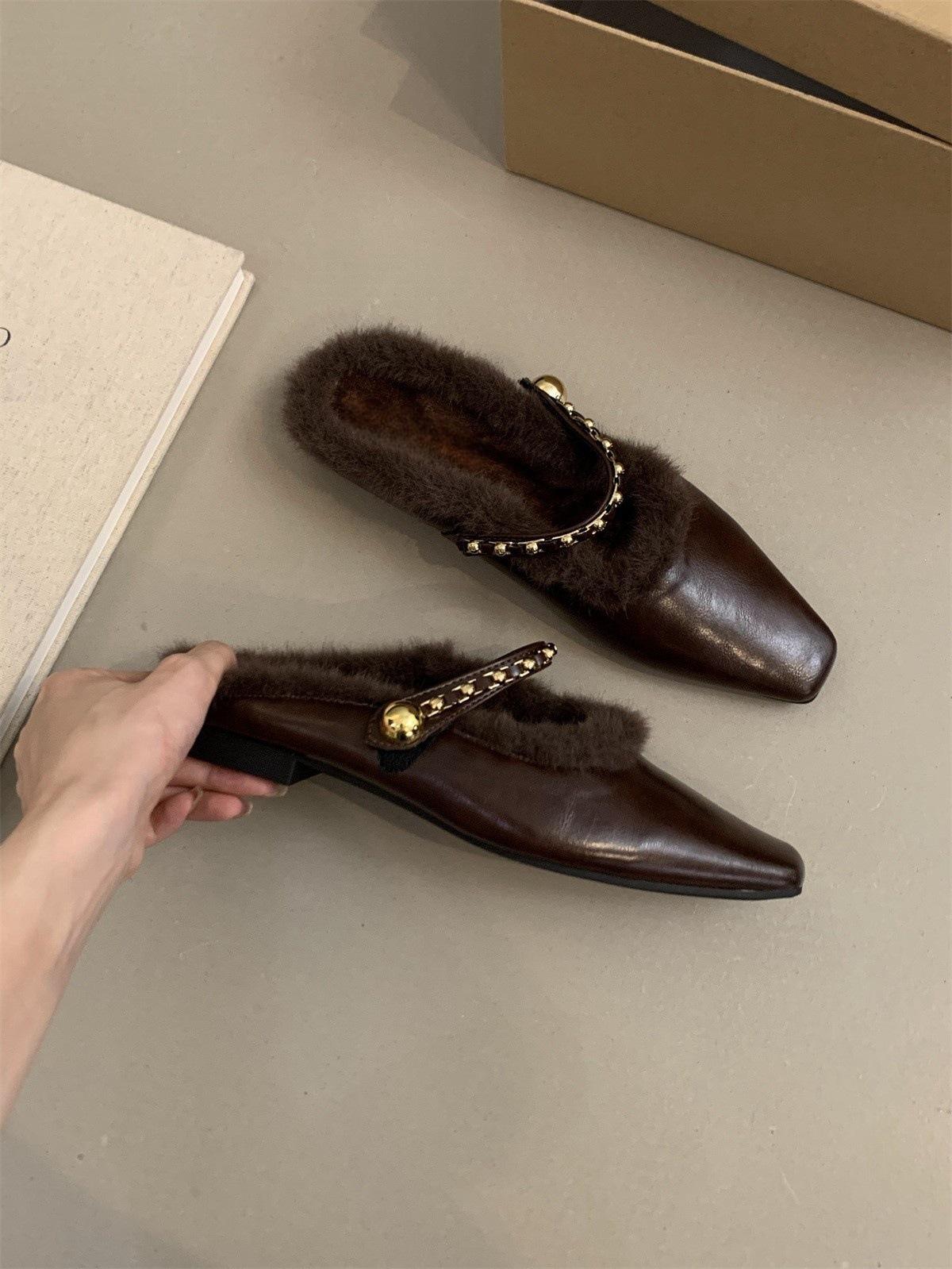 

Тапочки Baotou женские, осень-зима 2024 года, новые темпераментные бархатные туфли Мэри Джейн из хлопка 40