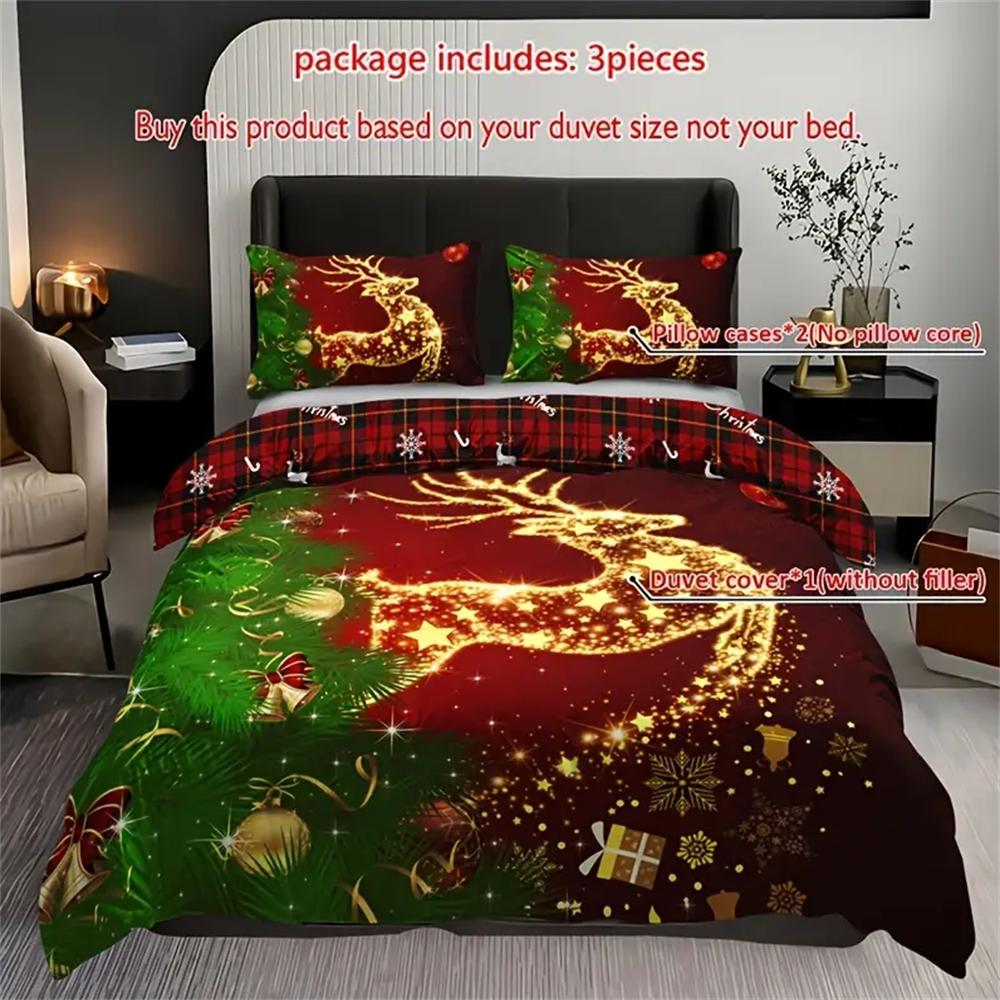 3pcs Christmas Bedding Set - Soft & Breathable Polyester, Includes 1 Duvet Cover and 2 Pillowcases with Festive Golden Star