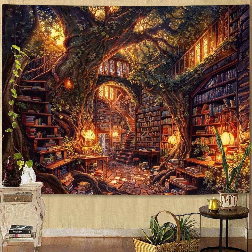 Forest Library Tapestry Tree Bookshelf Tapestries Wall Hanging Vintage Fantasy Fairy Treehouse Book Large Tapestry for Bedroom