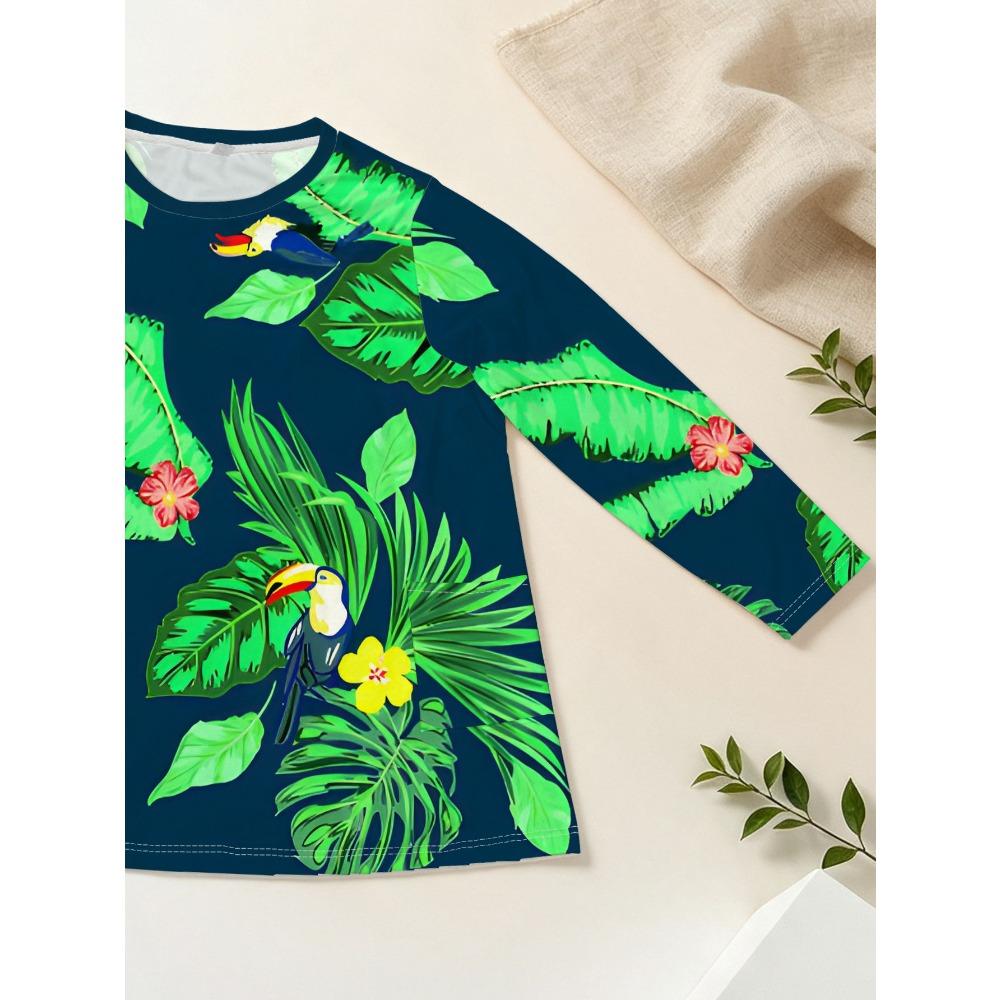 Women's Plus Size Pocket Rainforest Print Loose Long Sleeve T-Shirt