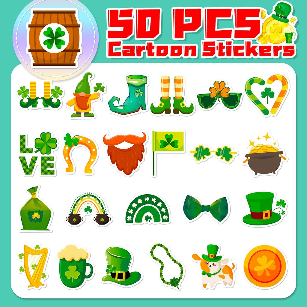 50 Stück St. Patrick Aufkleber - Kleeblatt Leprechaun Abziehbilder für Irische Party DIY (4.8x5.2cm)