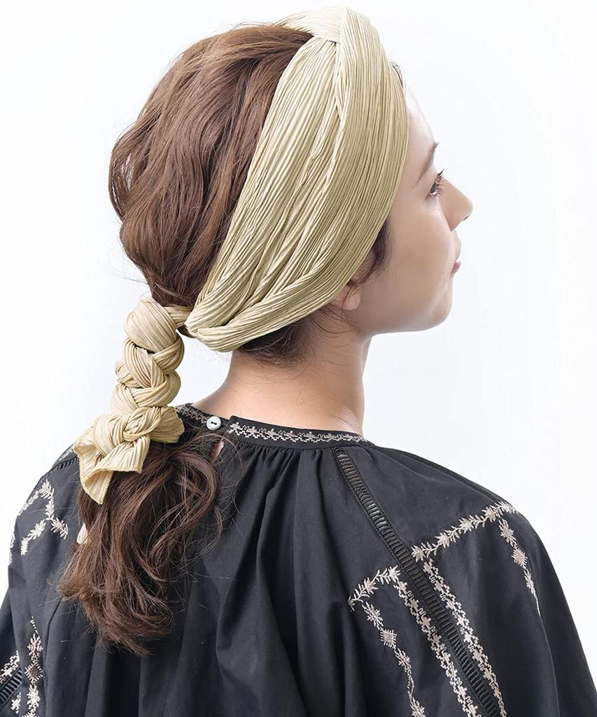 VINGTAINE Pleated Turban Hairband with Ribbon Perfect for Resort or Mature Beige Tie, Updos, HB-116-BE-