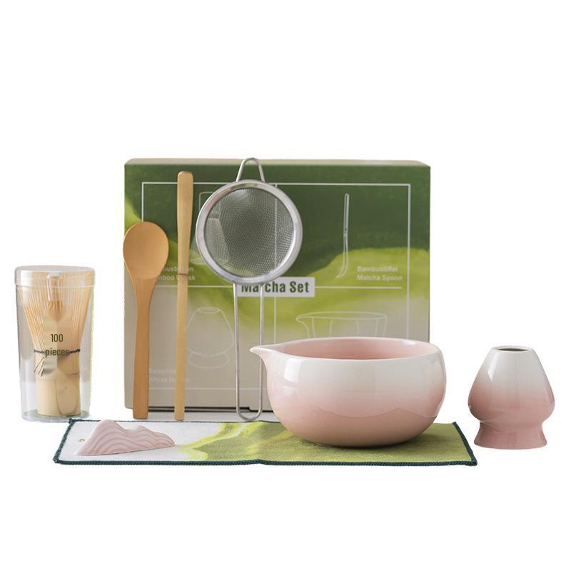 Gradient Pink Matcha Tea Set: Bowl, Kiln-Changed Tea Bowl, Chasen Whisk, Brewing Tools
