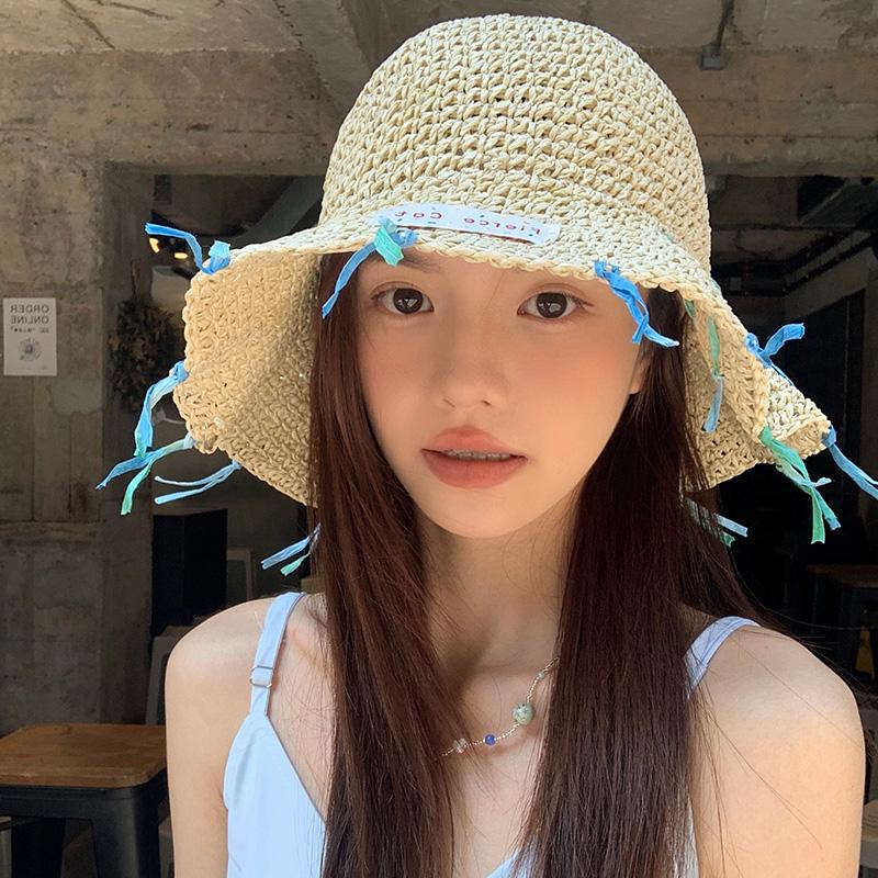 

Seaside vacation straw hat women s summer big brim sun hat beach woven fisherman hat parent-child tide Child (52-54cm) бежевий
