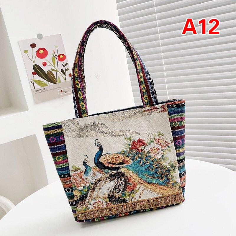 Ethnic Style Handbag Trendy Animal Embroidery Handbag Canvas Women Shoulder Bags Women Grocery Storage Pouch