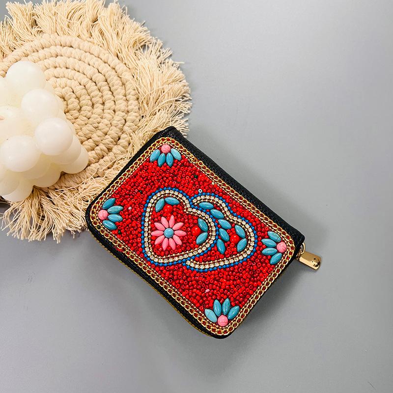 Ethnic Style Card Holder - Multi-layer Premium Hand-feel Vintage Delicate Beaded Zipper Pocket
