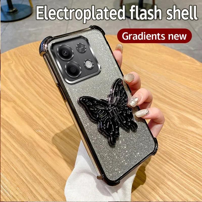 Etui z uchwytem 3D w kształcie motyla z powłoką galwaniczną dla Xiaomi Redmi 15C Note 15 Note 14 Pro Plus 14C POCO C85 4G 5G Odporne na wstrząsy etui z podstawką