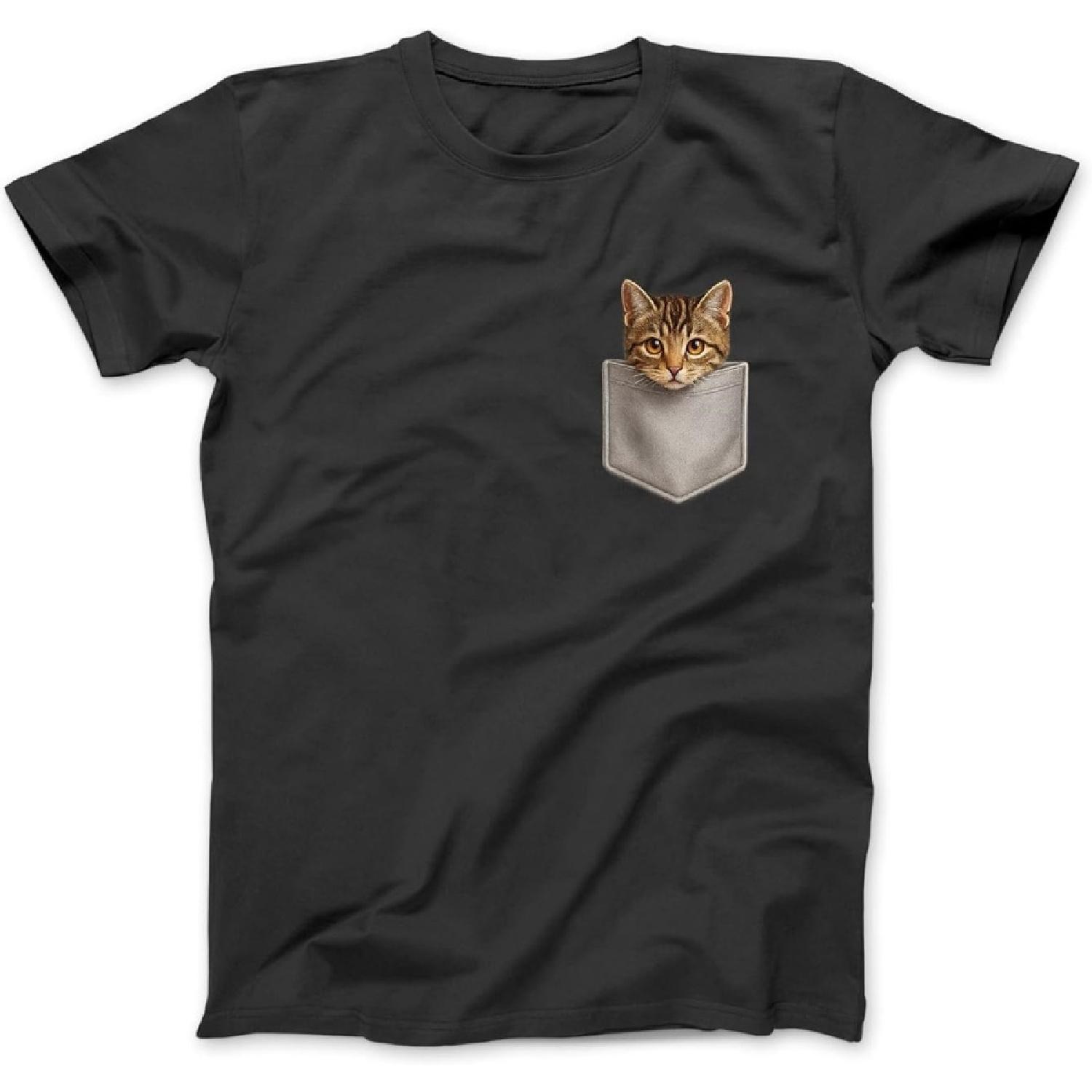 Domestic Shorthair Tabby Cat Peeking in Pocket Cat Lover T-Shirt, Sweatshirt, Hoodie for Men Women Kids Made in Canada Black S