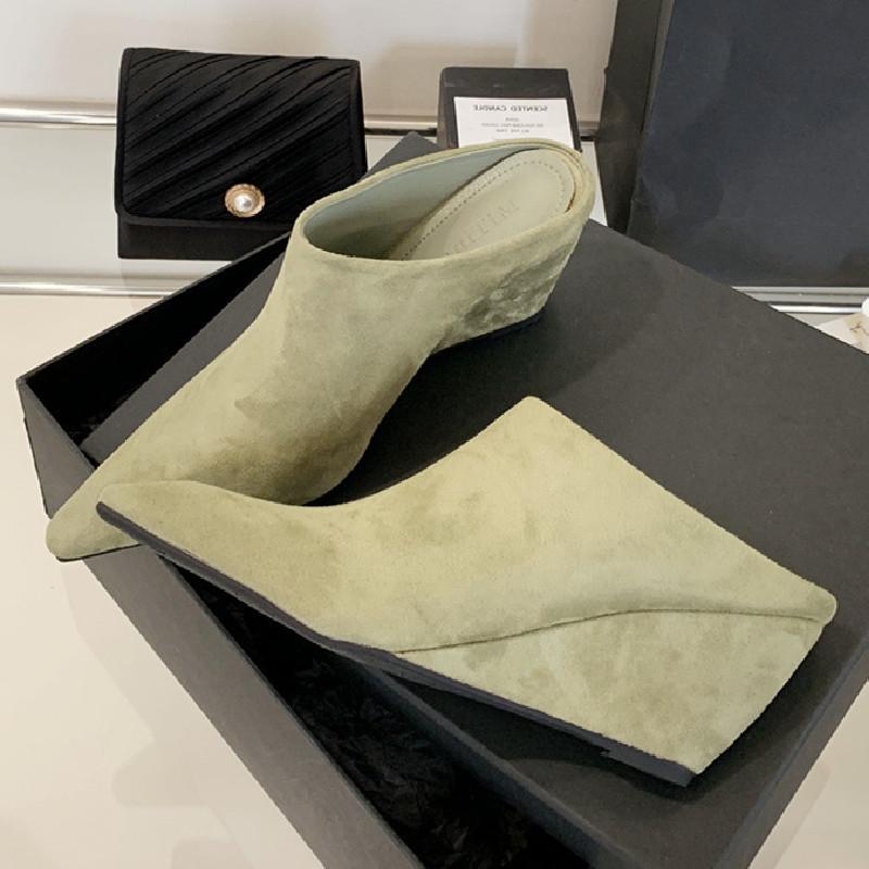 Fashion High Quality Faux Suede Pointed Toe Platform Sandals Women Fashion Shallow Wedges Slide Sandal Elegant Party Designer Dress Shoe