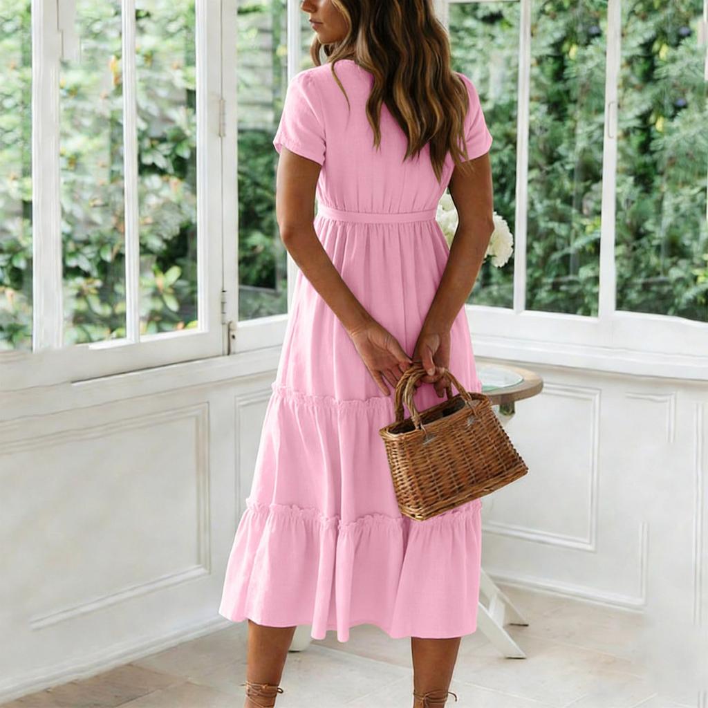 Women Summer Fashion Solid Color Square Neck Short Sleeve Bohemian Vacation Beach Dress Midi Length Casual Loose Fit