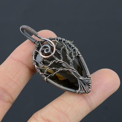 Natural Tree Of Life Smoky Topaz Gemstone Copper Wire Wrap Pendant 2.36" V4j67