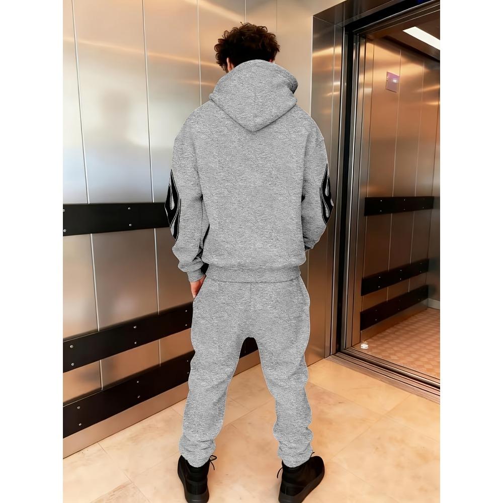 Men's Casual Suit, Letter Flame Printed Drawstring Pocket Hoodie and Drawstring Outdoor Casual Sports Pants