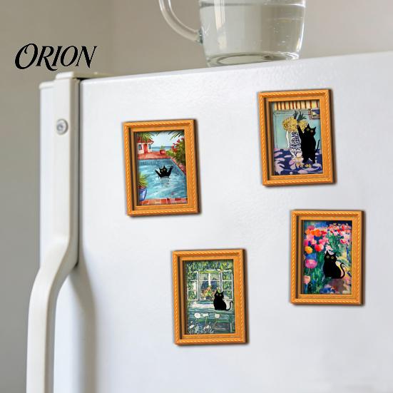 Cat Pattern Magnet Decor Oil Painting Refrigerator Magnet, Wooden Frame Black Decorative Fridge Magnets Theme Retro Rectangle Magnetic Decoration