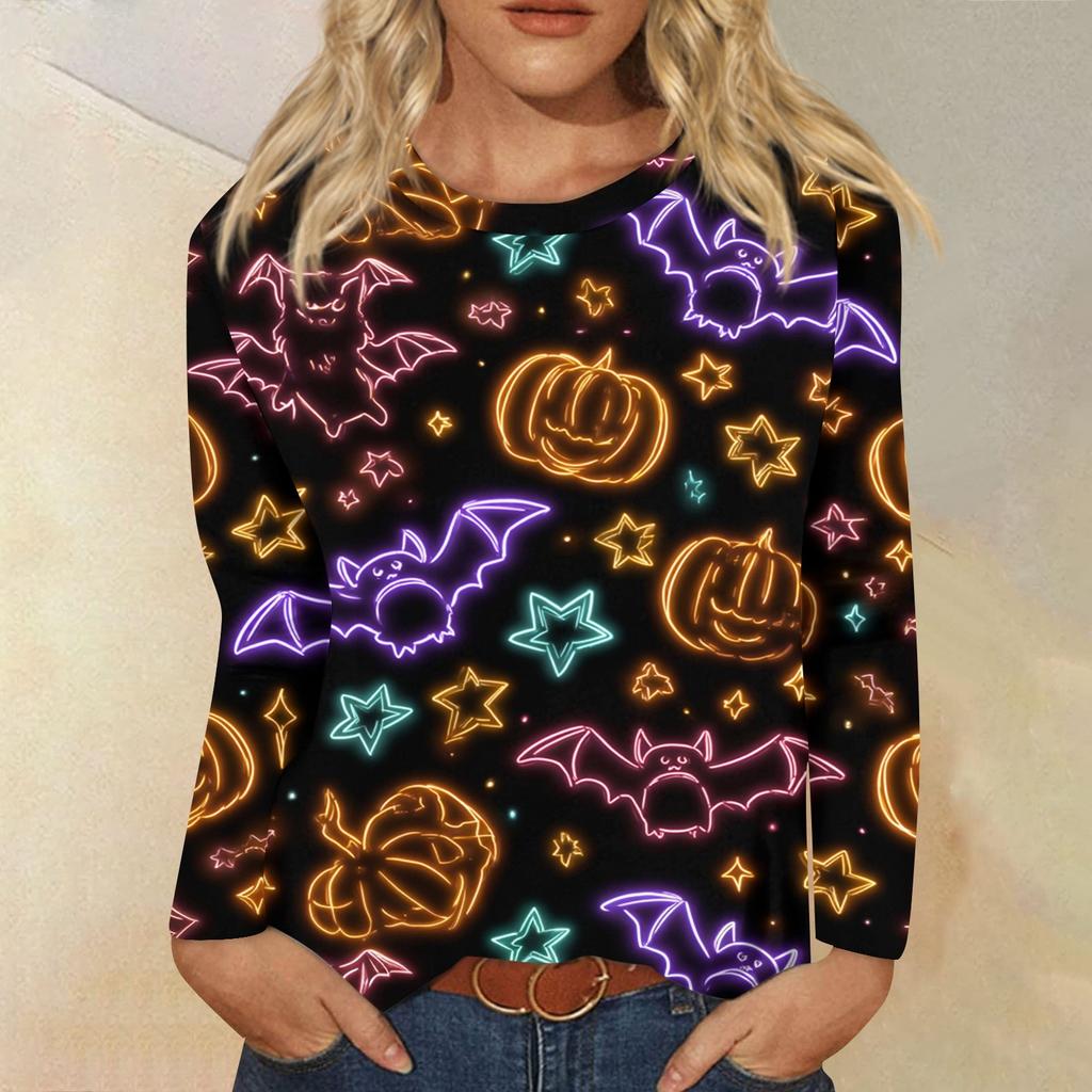 Modisches, lässiges Langarm-Oberteil mit Rundhalsausschnitt und Halloween-Print für Damen