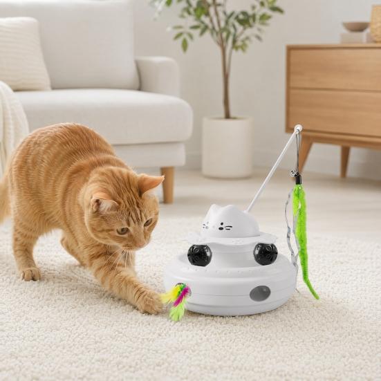 Electric Cat Interactive Toy with Feather & Track Ball, 4-in-1 Automatic Smart Cat Teaser Toy, Indoor Cats Boredom Enrichment Toy