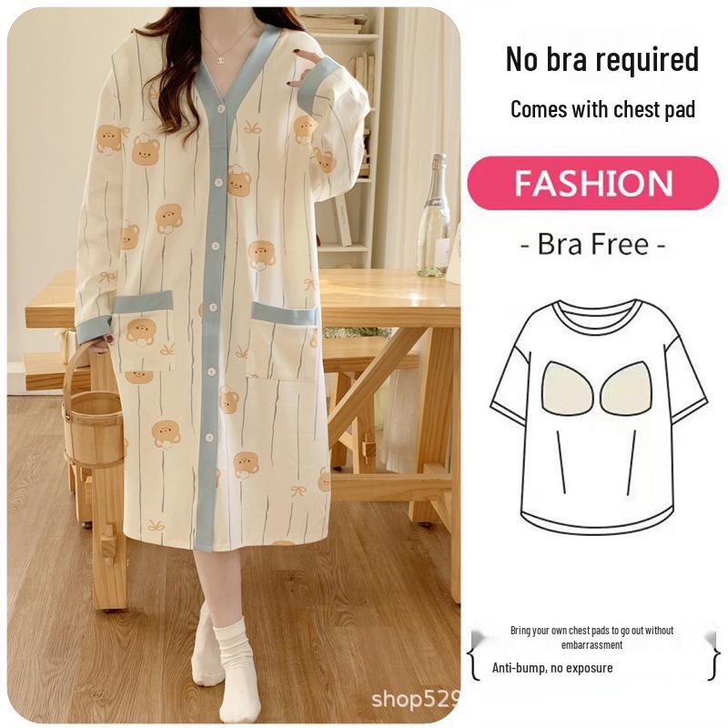 Breathable Maternity Nightgown with Built-in Bra for Labor, Breastfeeding, & Postpartum - Spring & Autumn Style