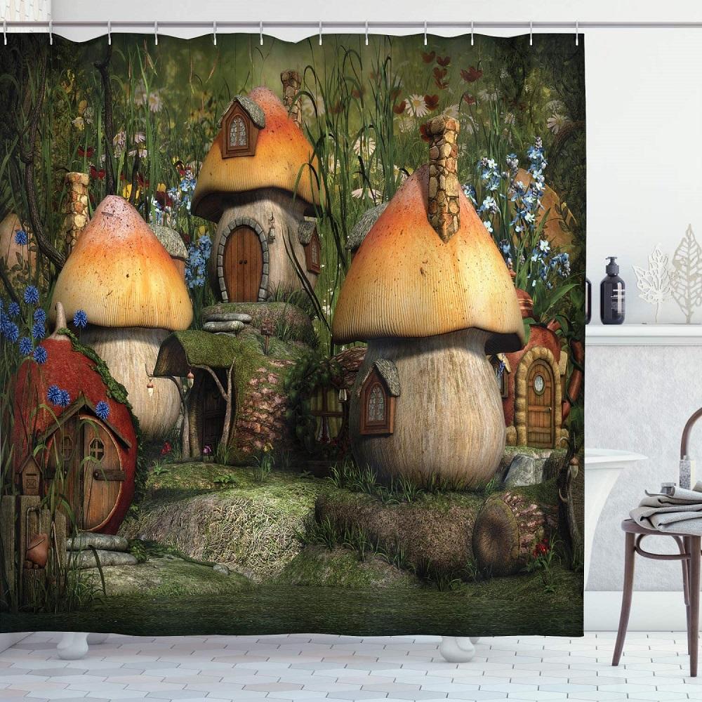 Fantasy Forest Shower Curtain Set Mystery Fairy Forest  Mushroom Flower Plant Home Bathroom Decor Curtains  Bath Accessory Set
