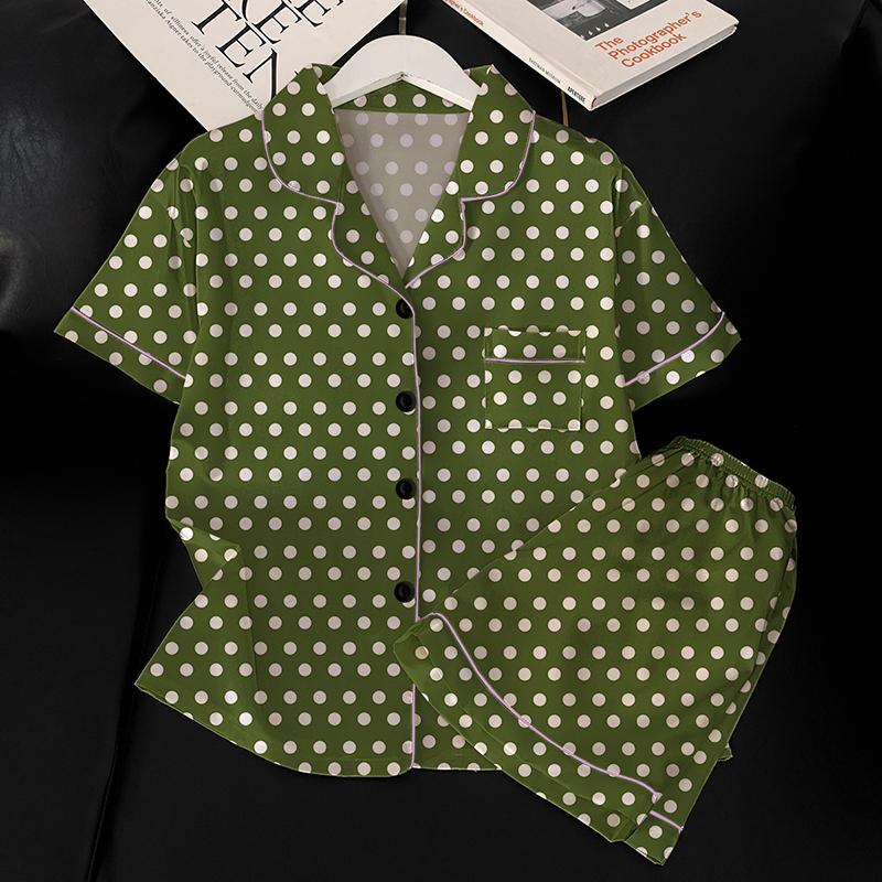 Summer Short Sleeve Tops and Shorts Pajamas for Woman Korean 2 Piece Women Set Silk Fashion Sleepwear Elegant Green Stripe Satin Pajama Set Young Girl